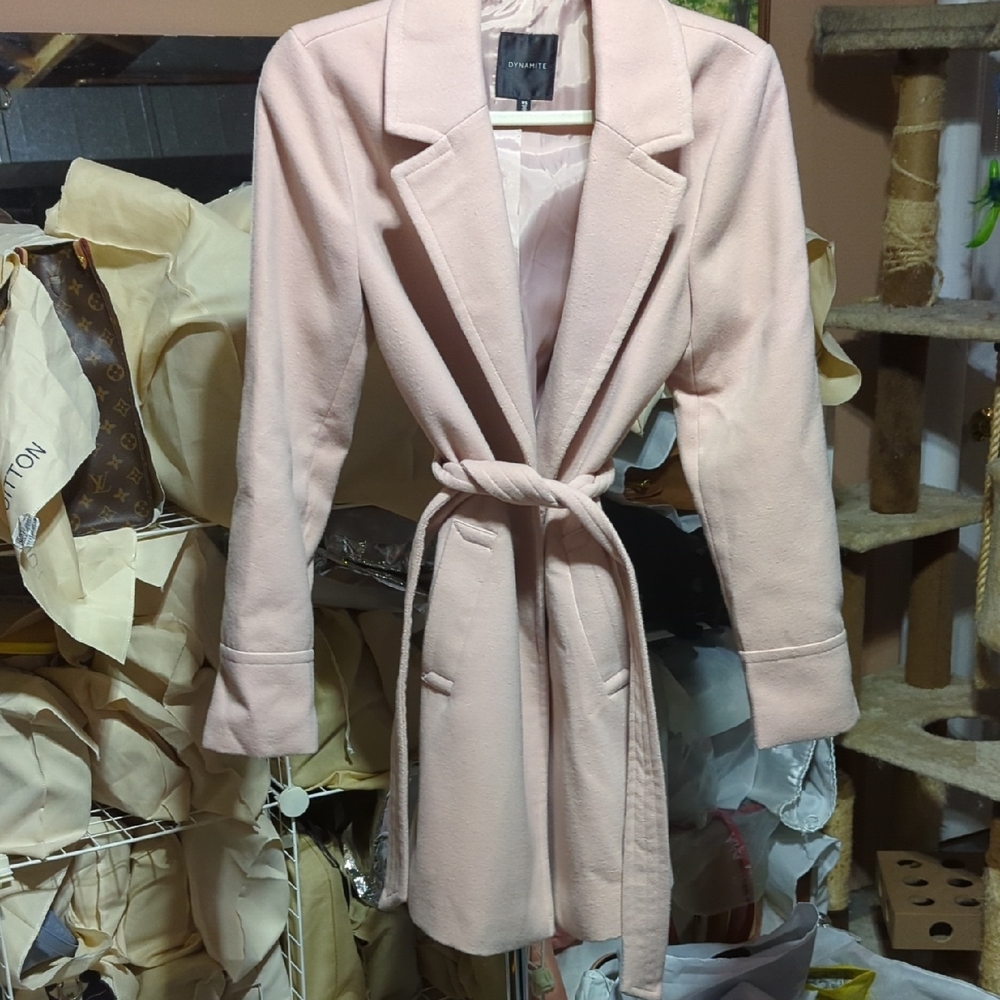 Theory Pink Trench Coat with Belted Waist and Notched Lapel